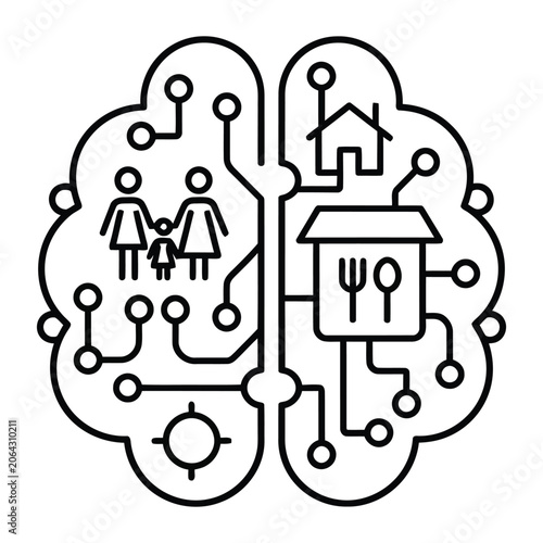 Human brain circuit icon with family and home symbols, mental health and domestic life concept vector, psychology and cognitive science illustration