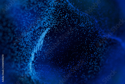 Abstract background of glowing dark blue digital particles forming waves and clusters, ideal for high-tech business, cyber security, network data, and futuristic designs.