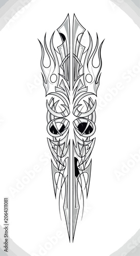 Abstract symmetrical decorative design in white and gray on a black background