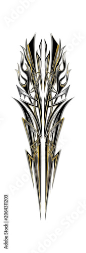 Abstract symmetrical design with silver and gold accents on a black background