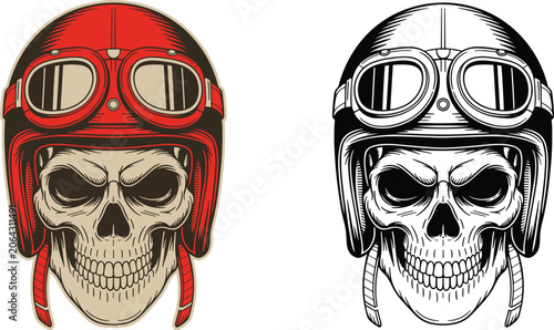 Canvas Print Skull wearing a red vintage motorcycle helmet and goggles in color and black and