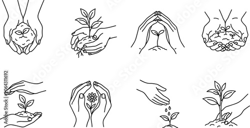 Konstfotografi Hand and plant nurturing icon collection featuring seedlings, sprouts, and carin
