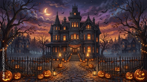 Cozy autumn scene with pumpkins and leaves for halloween decor