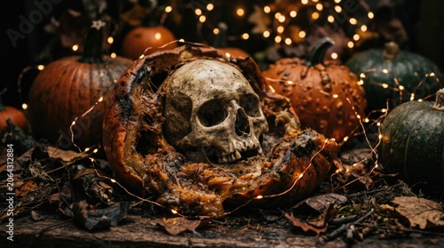 Glowing halloween pumpkin on a spooky autumn path at dusk