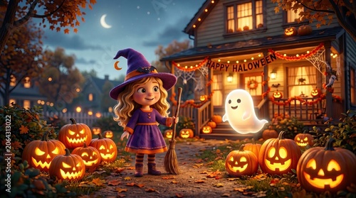 Spooky halloween scene jack o' lanterns cottage and lantern under a full moon