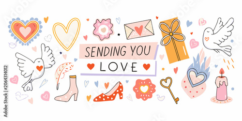 Schilderij op canvas Valentine s Day Doodles And Symbols Colorful Vector Illustration