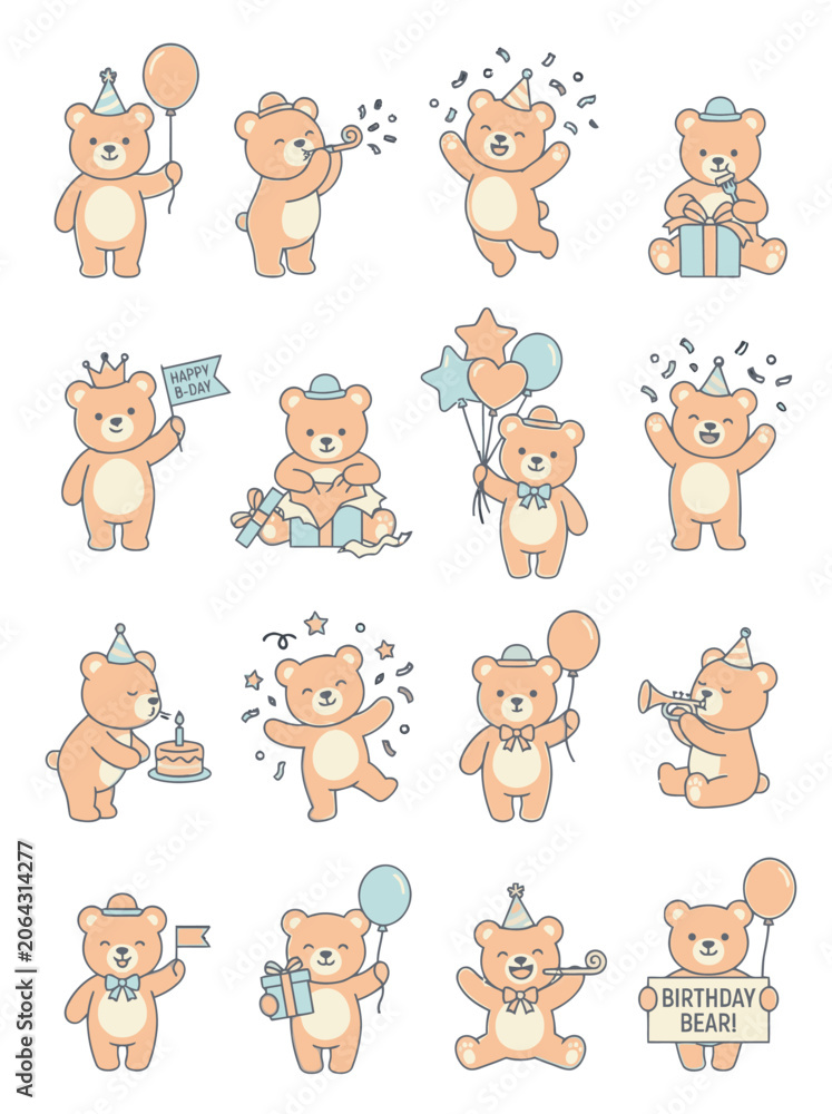 Fototapeta premium Cute Teddy Bear Birthday Party Celebration Vector Sticker Set