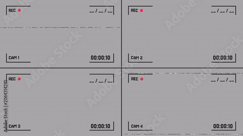 Cctv four screens frame overlay with glitch. Transparent Alpha Channel 4k