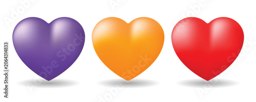 3d heart icons set in red, purple, and orange colors
