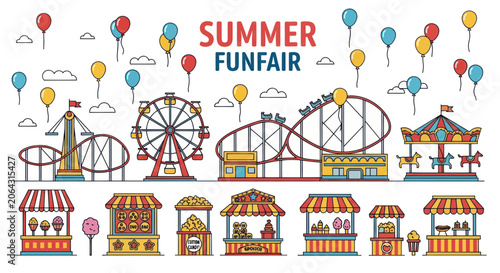 Fotografie Amusement park rides and carnival food stalls for summer funfair