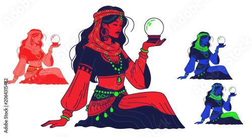 Valokuva Fortune teller woman holding a glowing crystal ball
