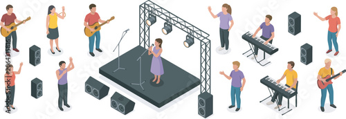 Isometric musicians, audience, stage, and sound equipment for a live music concert, detailed vector illustration featuring performers, cheering crowd, speakers, lighting rigs, instruments, 