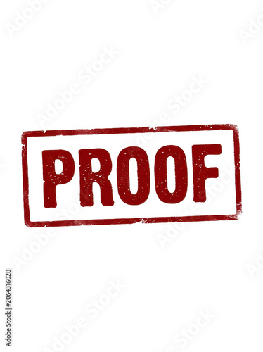Red proof stamp on white background, close-up with grungy texture