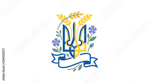 Ukrainian trident emblem with floral wreath and ribbon design