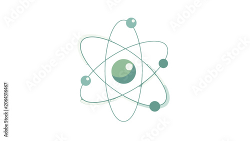 Εκτύπωση καμβά Gentle green atom structure with orbiting electrons and nucleus on an isolated white background, representing eco-friendly science and sustainable technology