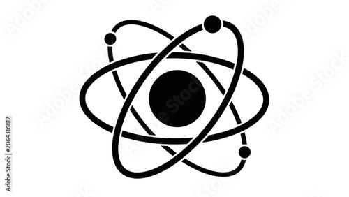 Photos Black atom symbol with three distinct orbiting electrons and a central nucleus o