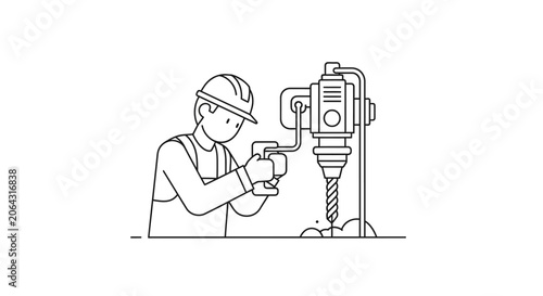 Construction worker using a jackhammer to break ground, line art illustration