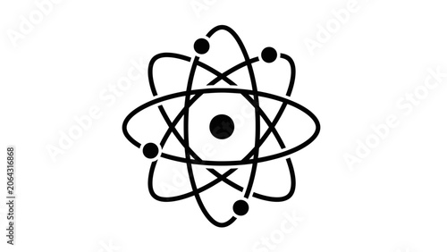 Tableau sur toile Black atom symbol with multiple distinct orbiting electrons and a central nucleu