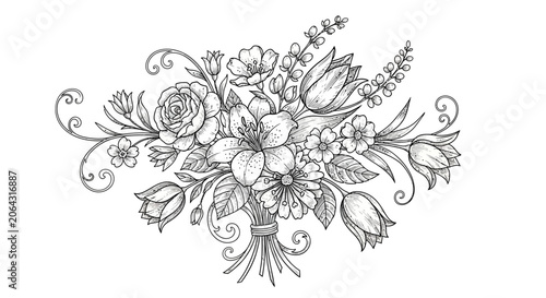 Hand-drawn floral bouquet sketch with delicate flowers and leaves, elegant design