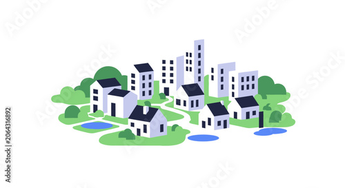 Modern Cityscape Illustration with Houses, Buildings, and Green Spaces