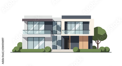 Modern Luxury House Facade, Contemporary Architecture, Two Stories, Glass Balconies