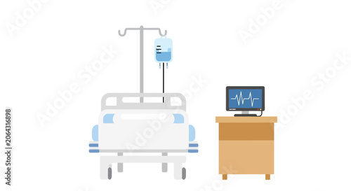 Hospital Room Bed with IV Drip and Monitor - Medical Care Concept