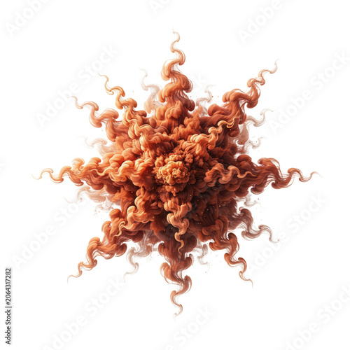 A symmetrical star shaped burst of orange and peach colored liquid or smoke with swirling tendrils extending outwards on a black background