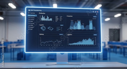 Advanced Manufacturing Dashboard Displaying Production and Logistics Data with Futuristic Blue Accents