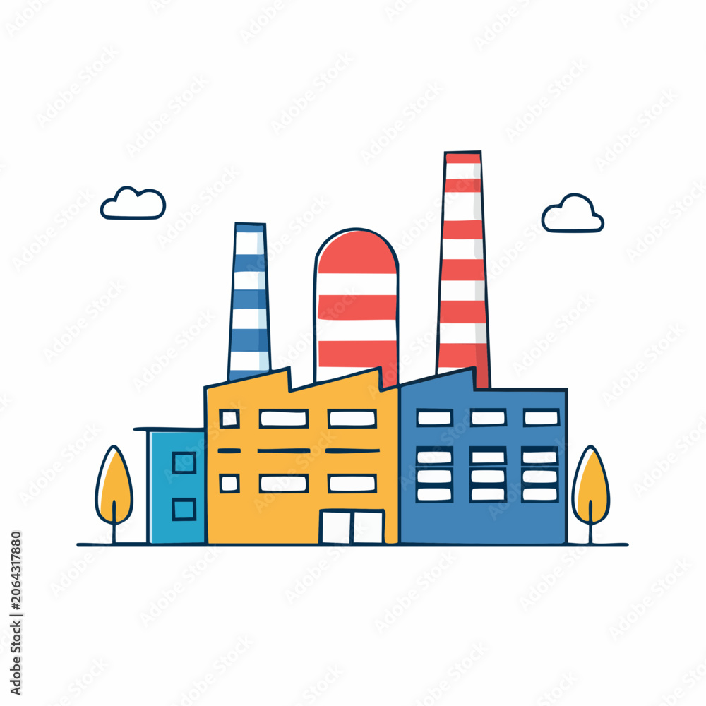 Obraz premium Flat Design Factory with Smokestacks and Clouds
