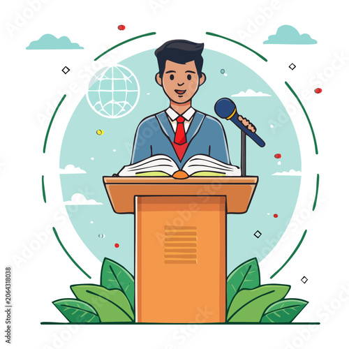 Man speaking at a podium with a microphone and book