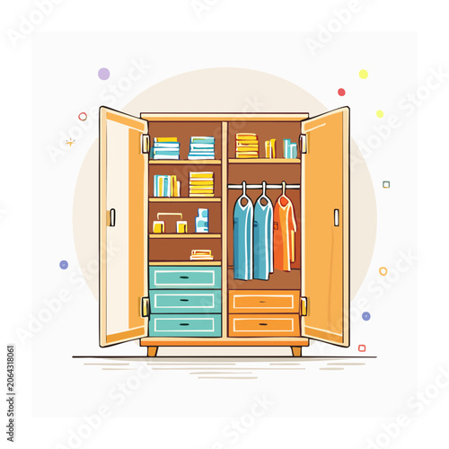 Open wardrobe with clothes and books in flat design style