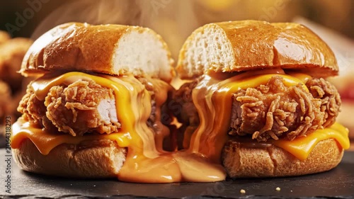 Close-up of cheesy chicken sliders on rustic board