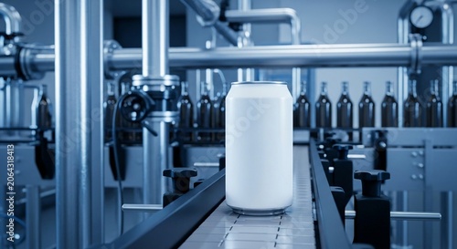 Blank aluminum soft drink can moving on a production line in a factory, ready for branding and packaging