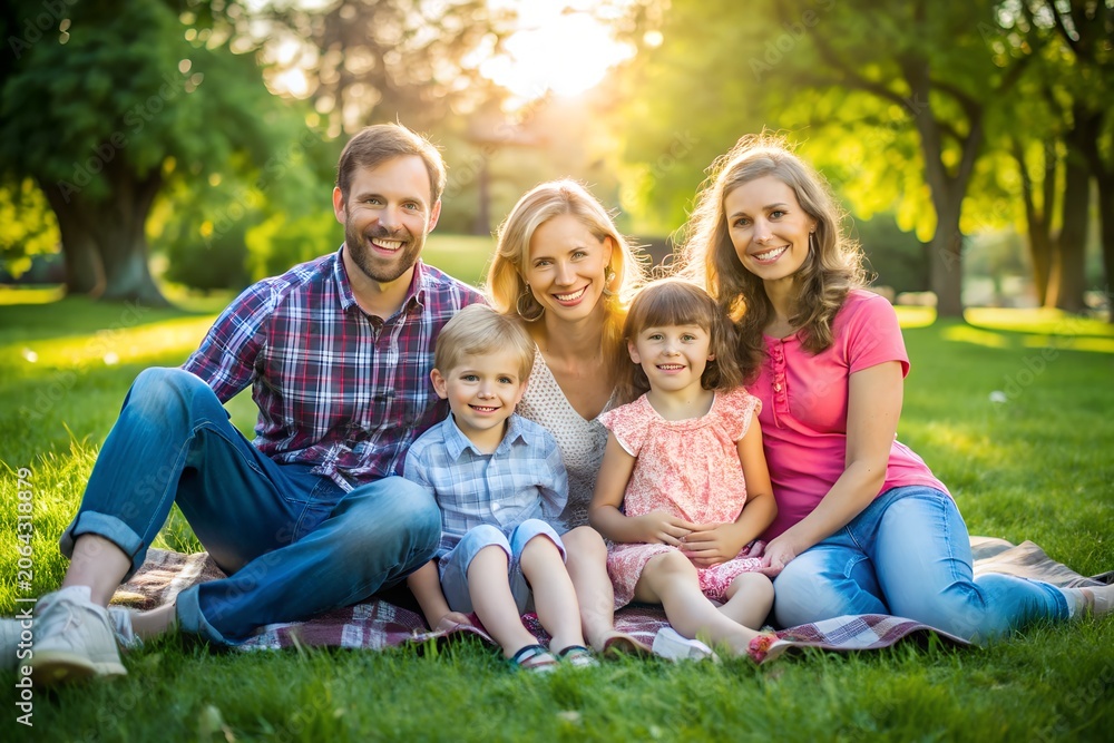 Fototapeta premium Happy Young Family of Four Sitting on a Picnic Blanket in a Sunlit Park