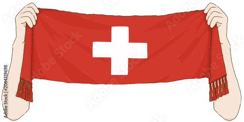 Hands holding a Switzerland Sports scarf for fan support on Transparent Background.