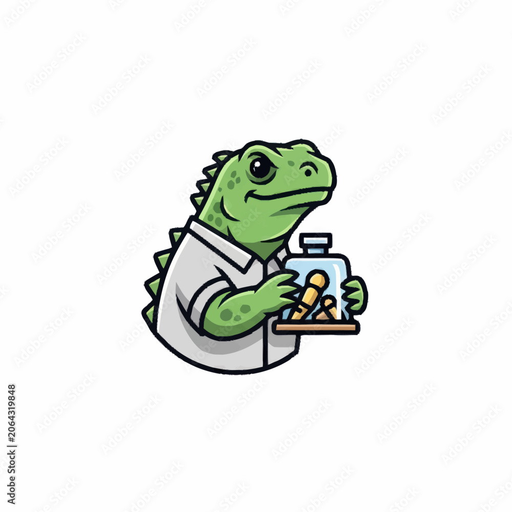 Fototapeta premium Green Lizard Scientist Holding Test Tubes and Flask.