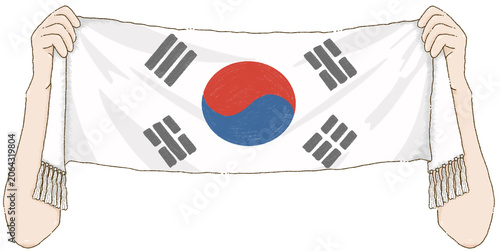 Hands holding a South Korea Sports scarf for fan support on Transparent Background.