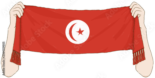 Hands holding a Tunisia Sports scarf for fan support on Transparent Background.