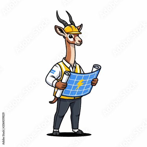 Gazelle engineer holding solar panel blueprint with hard hat and vest.