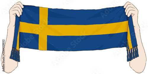 Hands holding a Sweden Sports scarf for fan support on Transparent Background.