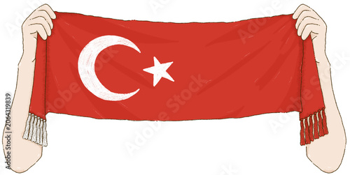 Hands holding a Turkey Sports scarf for fan support on Transparent Background.
