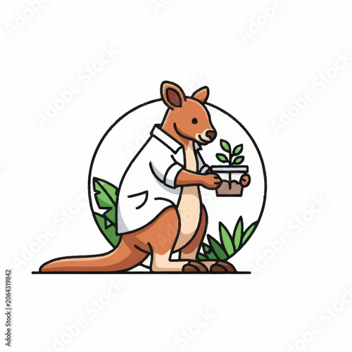 Kangaroo scientist holding a plant in a lab coat.