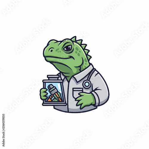 Green lizard doctor holding a jar with medical supplies and pencils.