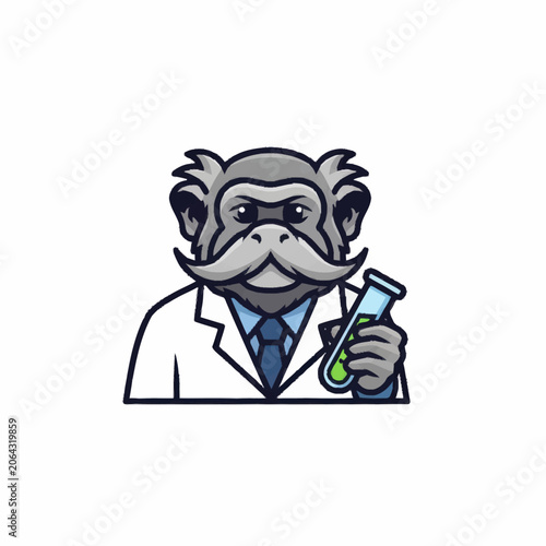 Monkey scientist holding a test tube with liquid.