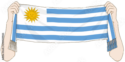 Hands holding a Uruguay Sports scarf for fan support on Transparent Background.