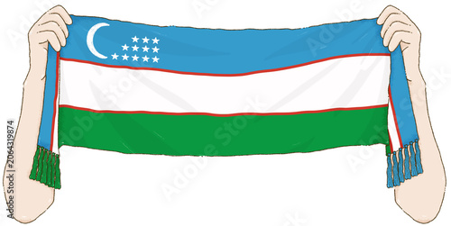 Hands holding a Uzbekistan Sports scarf for fan support on Transparent Background.