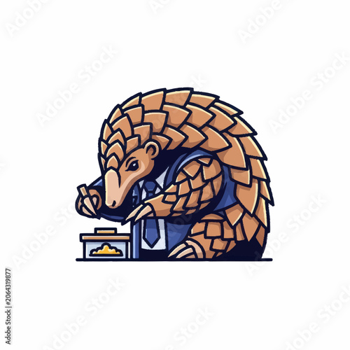 Pangolin wearing a suit and tie working at a desk.
