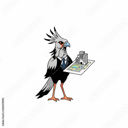 Secretary Bird in Suit Holding Architectural Model and Blueprint.