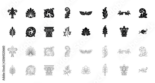 Set of baroque floral ornaments and vintage decorative acanthus leaf elements for architectural design and classic ornate scrollwork patterns isolated.