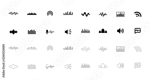 Audio and sound wave frequency icons set representing music equalizer volume levels signal patterns broadcasting and digital broadcast technology visual.